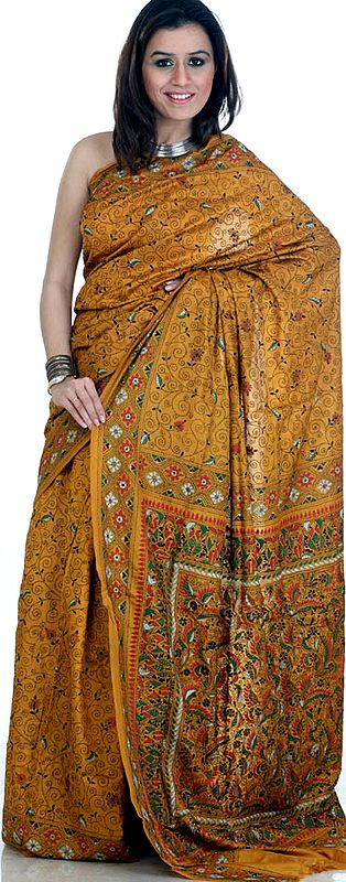 Goldenrod Sari from Kolkata with Dense Kantha Embroidery All-Over