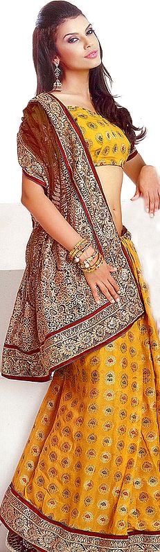 Golden-Yellow Designer Sari with Brocaded Bootis and Heavily Embroidered Anchal