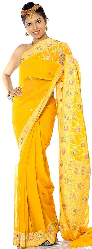 Golden-Yellow Sari from Banaras with Bootis Woven All-Over and Brocaded Pallu