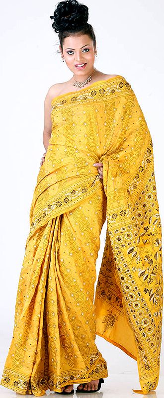Golden-Yellow Sari from Kolkata with All-Over Kantha Embroidery