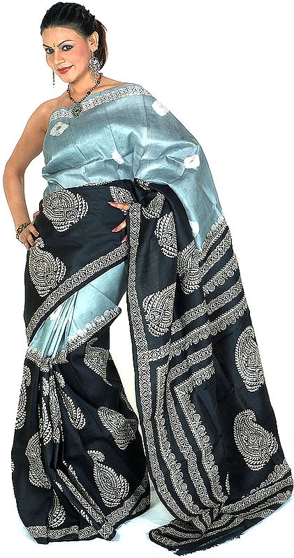Gray and Black Batik Sari from Kolkata
