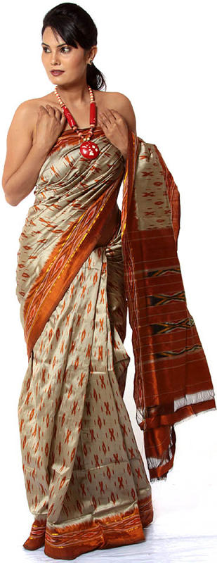 Gray and Bronze Ikat Sari Hand-woven in Pochampally Village