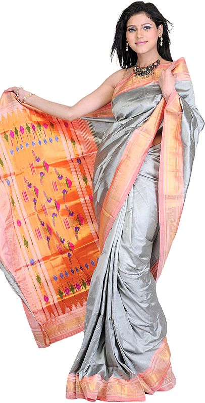 Gray Paithani Sari with Hand-Woven Peacocks
