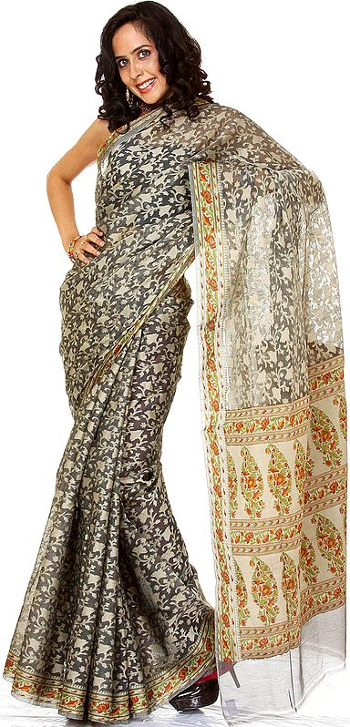 Gray Banarasi Sari with All-Over Jaal Weave and Floral Border