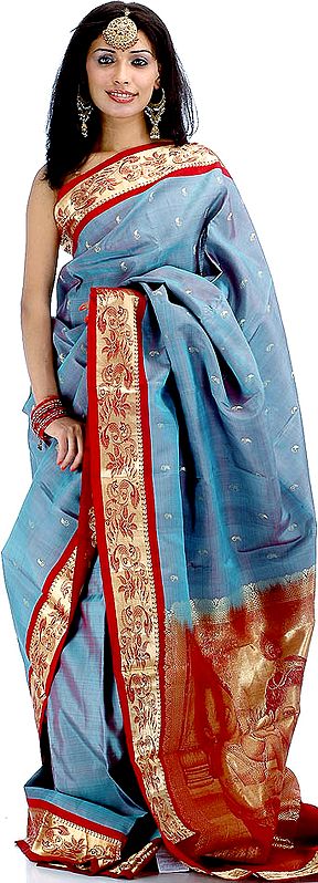 Gray Bangalore Silk Sari with Little Krishna on Pallu