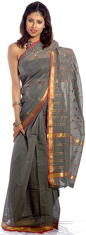 Gray Bengal Cotton Sari with Golden Thread Weave on Anchal and Border