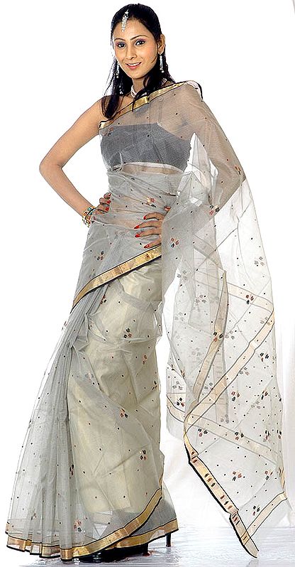 Gray Chanderi Sari with Golden Border and All-Over Woven Bootis