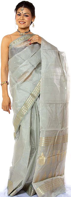 Gray Chanderi Sari with Golden Thread Weave on Border and Anchal