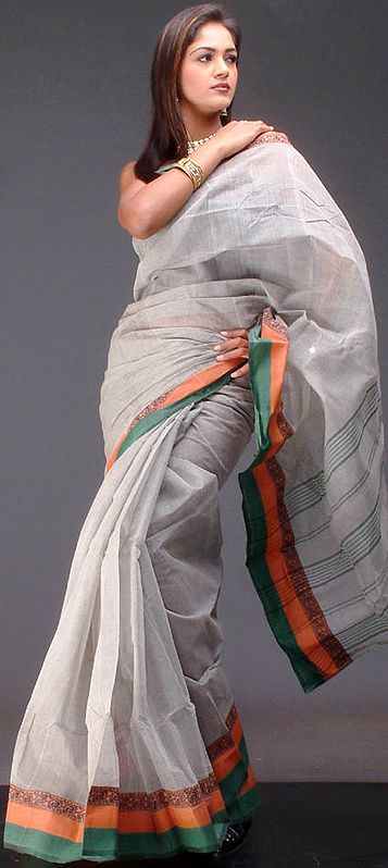 Gray Cotton Sari with Tri-Colored Border