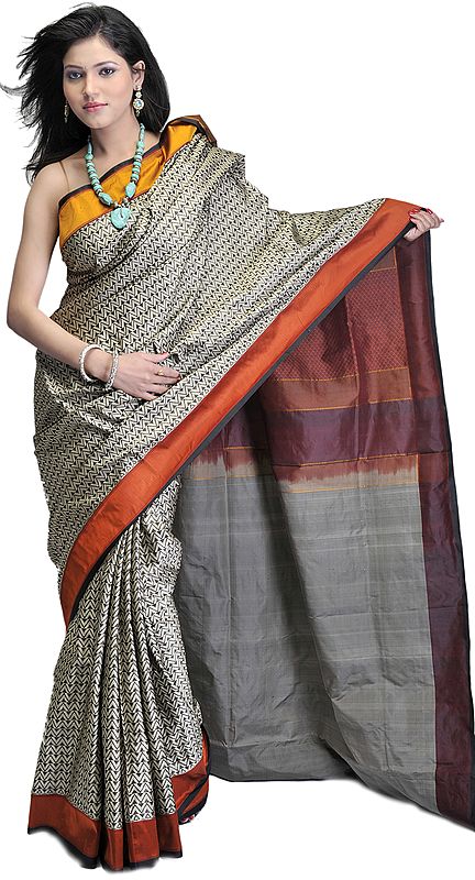 Gray Handloom Sari from Banaras with All-Over Geometric Weave and Plain Borders