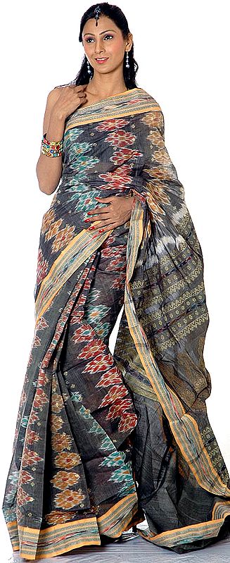 Gray Hand-Woven Sari with Multi-Color Ikat Weave