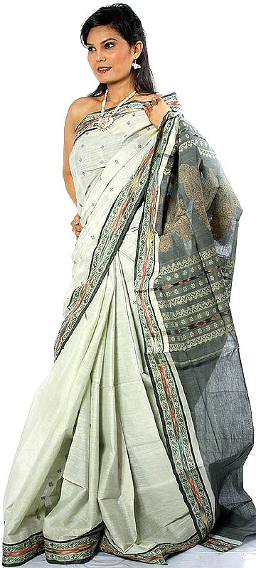 Gray Hand-woven Sari with Multi-Color Ikat Weave on Border