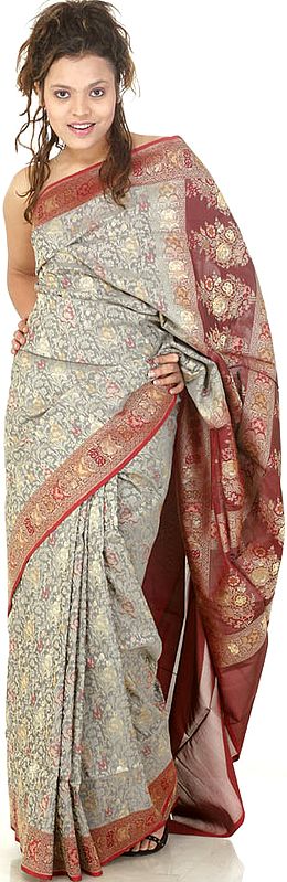 Gray Jamdani Tanchoi Sari with All-Over Dense Floral Weave