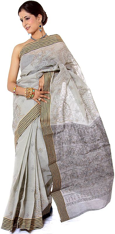 Gray Kantha Hand-Embroidered Sari from Bengal