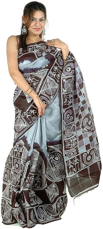 Gray Printed Batik Sari from Kolkata