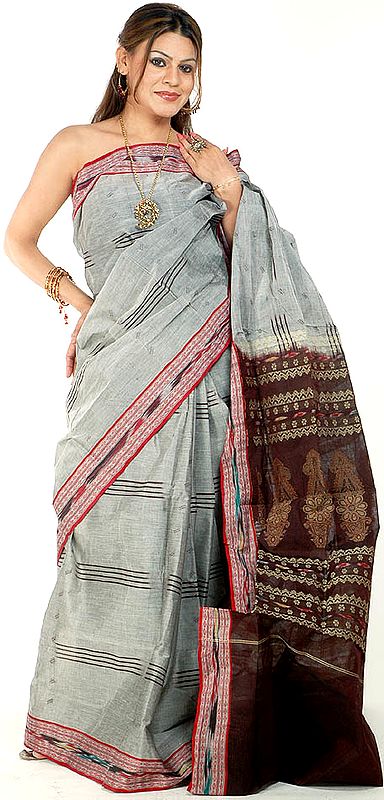 Gray Sari from Bengal with Ikat Border