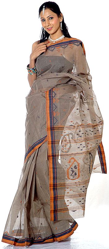 Gray Tengail Sari from Calcutta with Woven Paisleys