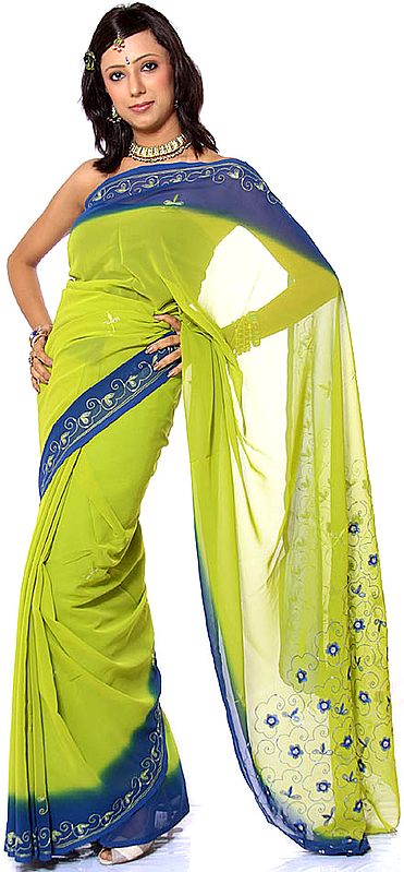 Green and Blue Sari with Sequins and Embroidery