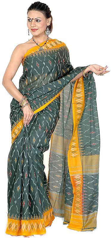 Green and Amber Ikat Sari from Pochampally