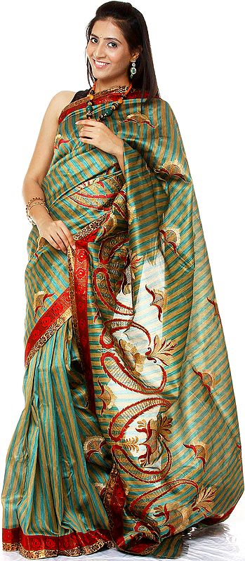 Green and Beige Banarasi Striped Sari with Aari Embroidery and Patch Border