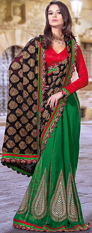 Green and Black Lehenga-Style Sari with Brocaded Paisleys and Embroidered Giant Bootis