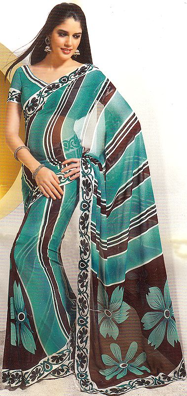 Green and Black Sari with Printed Flowers and Floral Patch Border