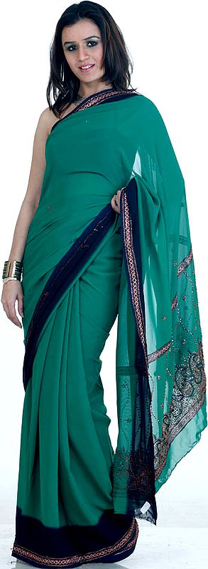 Green and Black Shaded Sari with Antique Beadwork and Gota Border