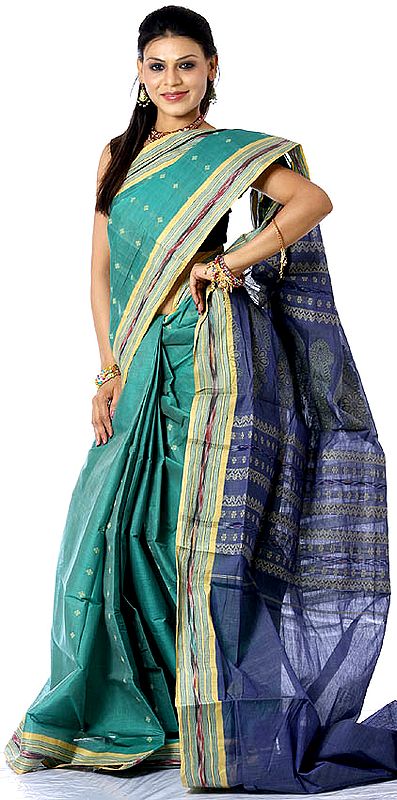 Green and Blue Hand-woven Sari with Multi-Color Ikat Weave on Border