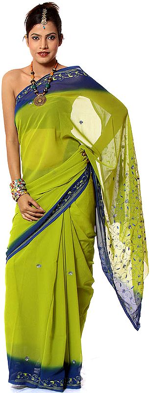 Green and Blue Sari with Persian Embroidery and Sequins