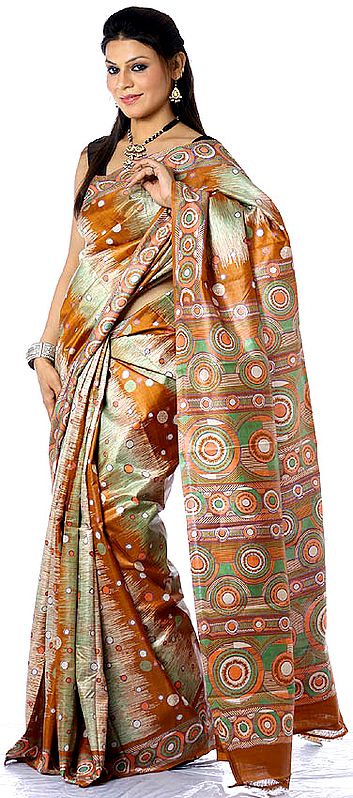 Green and Brown Sari from Kolkata with Modern Print