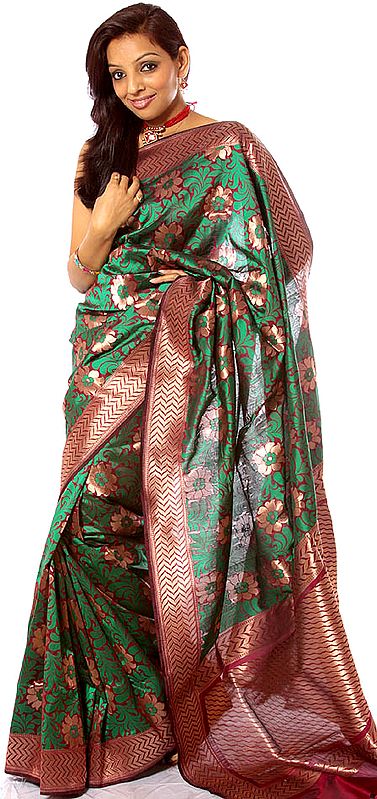 Green and Cordovan Jamawar Sari from Banaras with Hand-woven Flowers