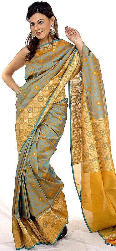 Green and Golden Designer Jamdani Sari from Banaras with All-Over Golden and Jute Thread Weave