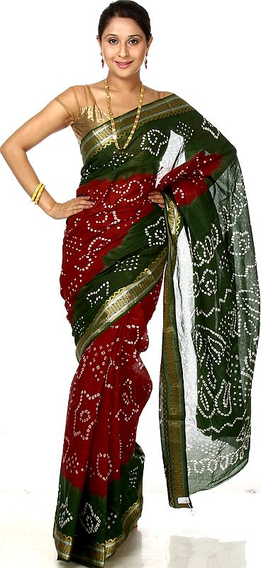 Green and Maroon Bandhani Tie-Dye Sari from Gujarat