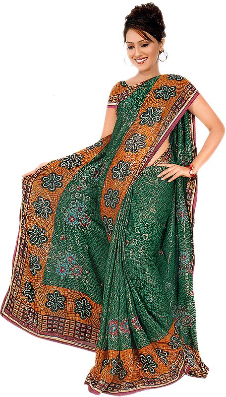 Green and Mustard Printed Sari with Embroidered Flowers