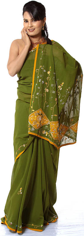 Green and Mustard Sari with Sequins and Threadwork