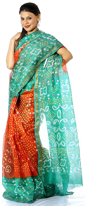 Green and Orange Bandhani Silk Sari from Gujarat