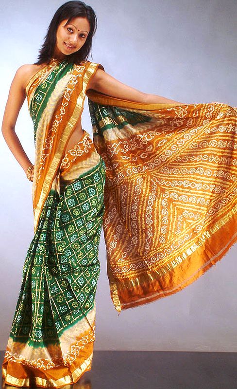 Green and Orange Ghatchola Bandhej Sari from Bhuj