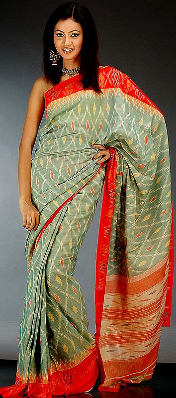 Green and Orange Ikat Sari from Pochampally
