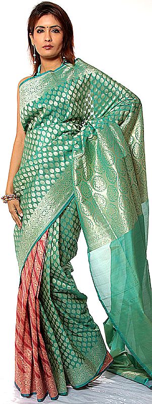 Green and Pink Patli Sari from Banaras with All-Over Bootis Woven in Golden Thread