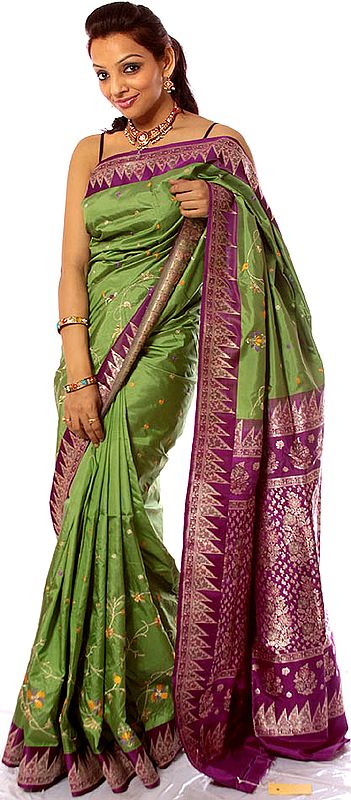 Green and Purple Banarasi Sari with Hand-Embroidery and Brocaded Anchal