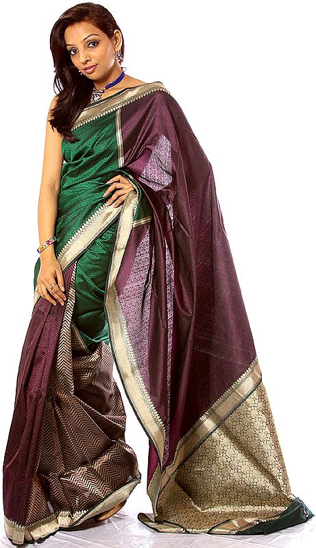 Green and Purple Designer Sari from Banaras with All-Over Weave