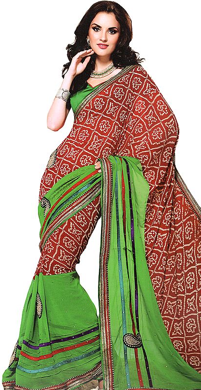 Green and Red Sari with Patch Work and Bandhani Print