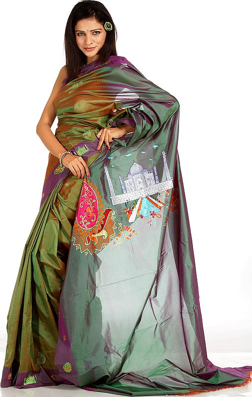 Green and Violet Double-Hued Sari from Mysore with Embroidered Taj Mahal