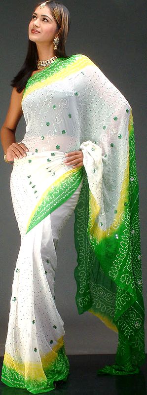 Green and White Bandhini Sari with Sequins