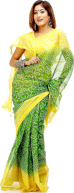 Green and Yellow Gujarati Bandhani Sari