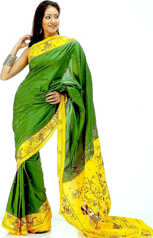 Green and Yellow Sari with Kantha Stitch Embroidery