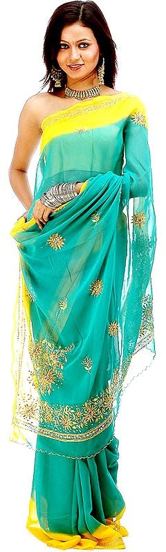 Green and Yellow Sari with Sequins