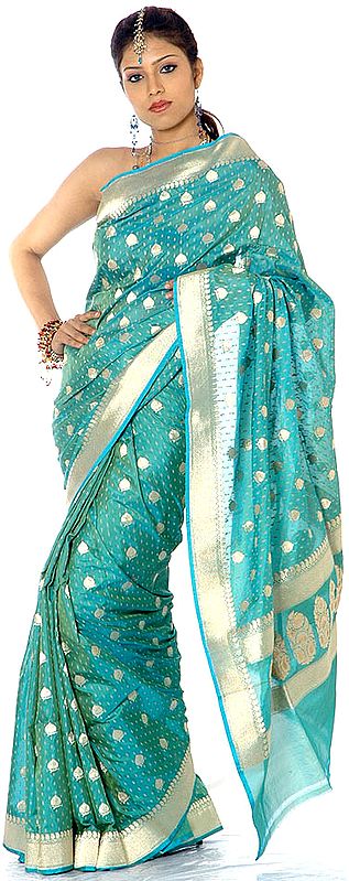 Green Banarasi Sari with All-Over Leaves Hand-woven in Gold Thread