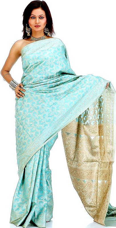 Green Banarasi Sari with All-Over Thread Weave