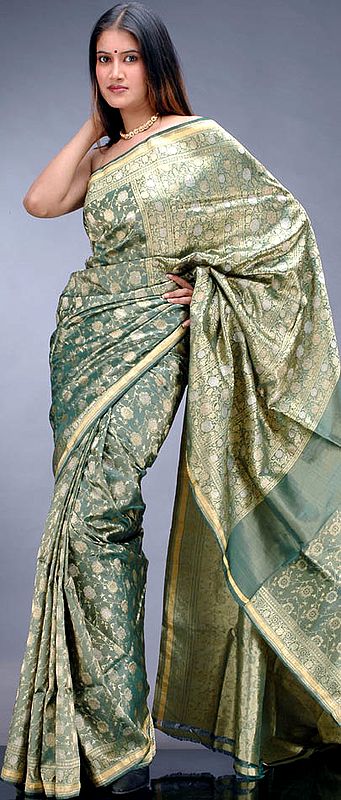 Green Banarasi Sari with Golden Thread Work